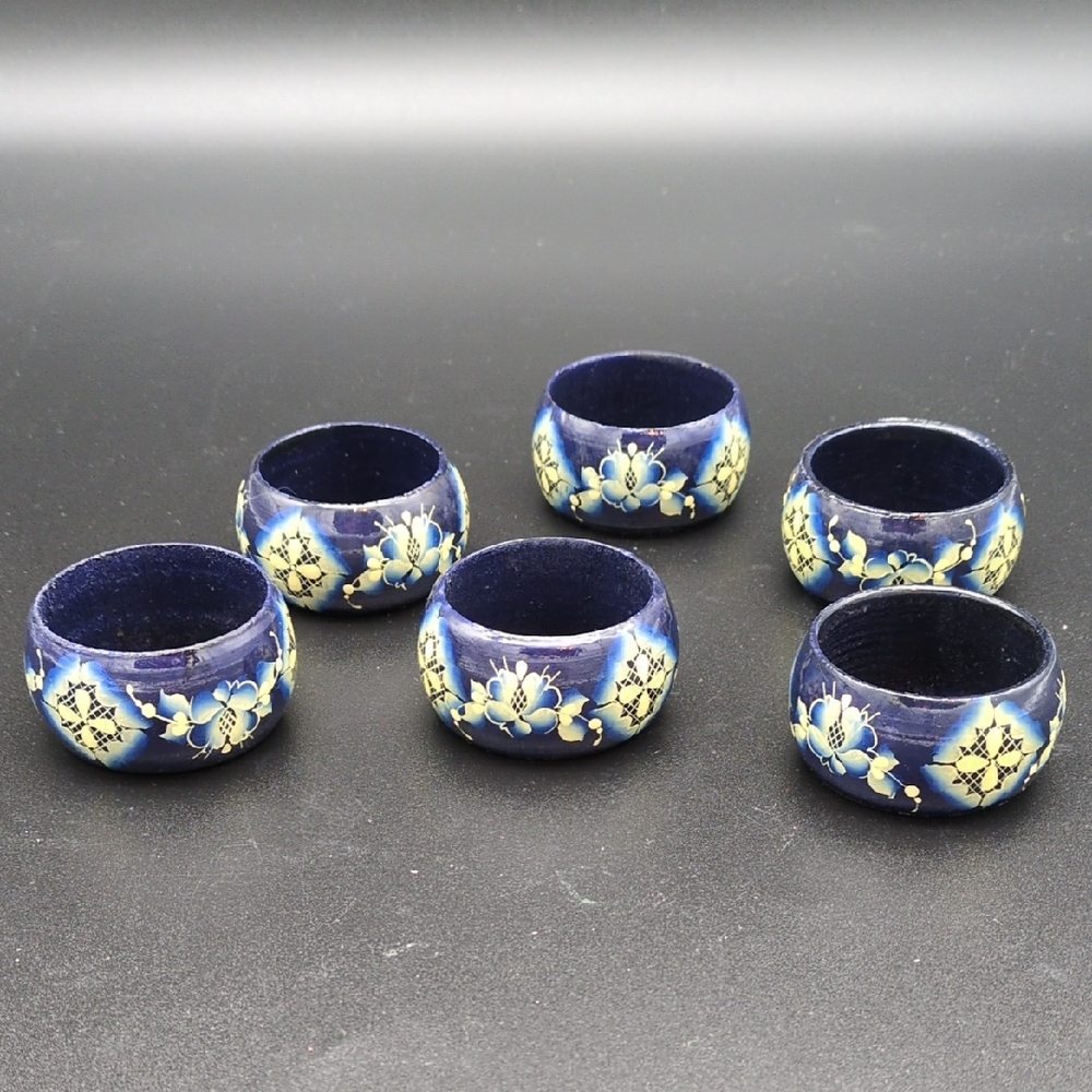 Set Of 6 Blue Hand Painted Wood Napkin Rings